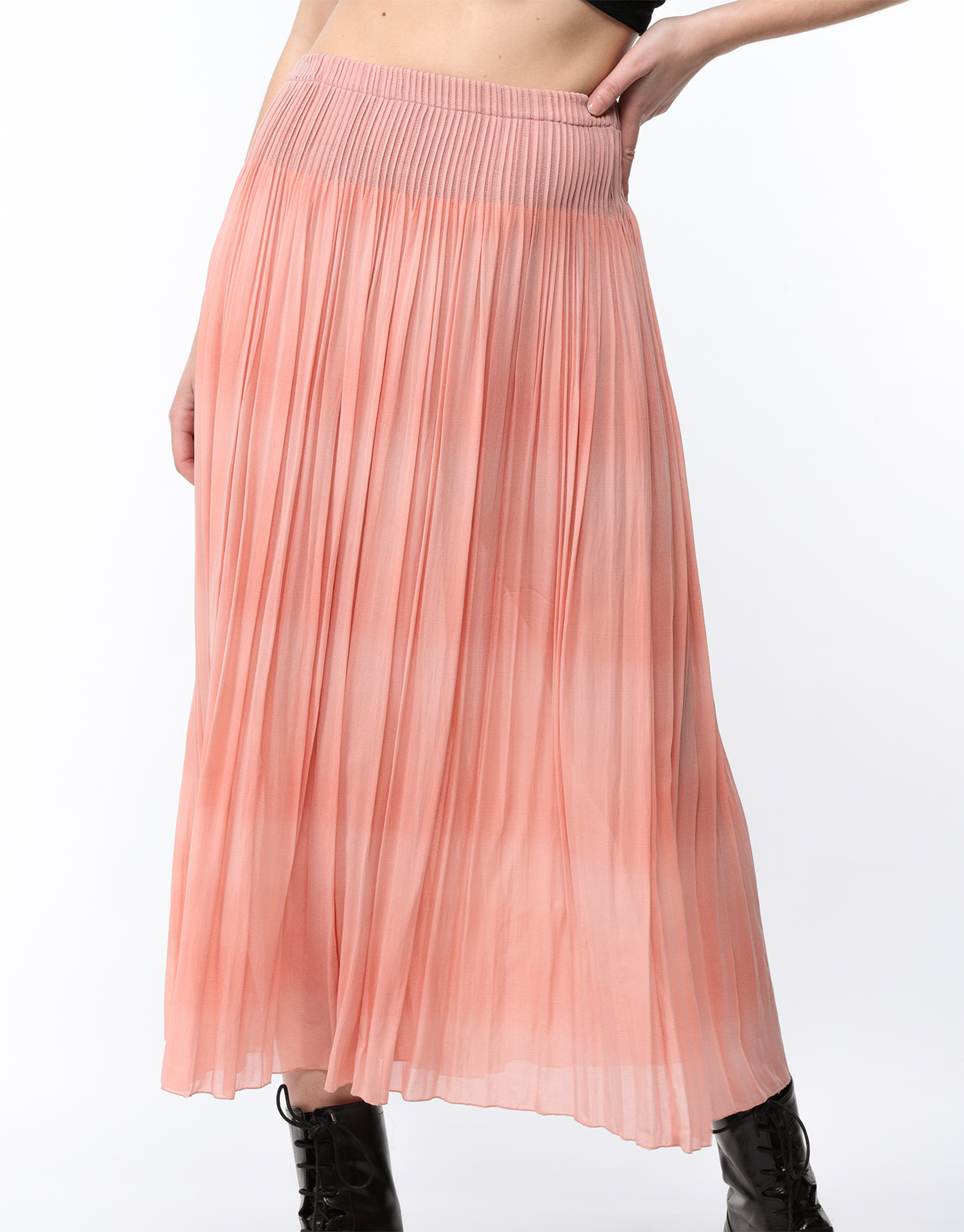 Fluid pleated basque skirt in silk and viscose gradient salmon 